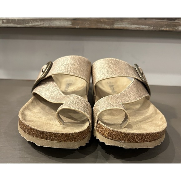 BJORNDAL Size 9 Sandals Gold Toe Strap Buckle Cork Faux Leather Shoes - Picture 4 of 6
